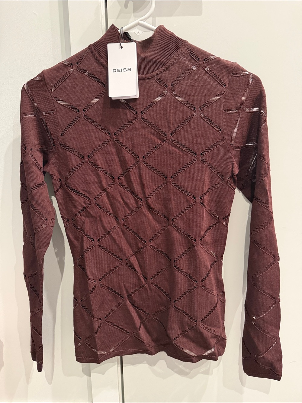 Reiss Long Sleeve Mock Neck Top in burgundy Mauve